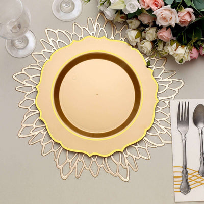 10-Pack Plastic 10" Round Dinner Plates in Gold with Gold Scalloped Rim - Disposable Party Plates