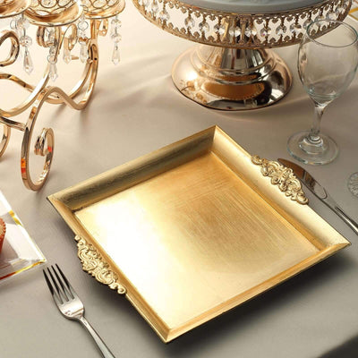 2-Pack Acrylic Square Serving Trays 10" in Metallic Gold with Embossed Handles, Decorative Dinner Party Food Platters