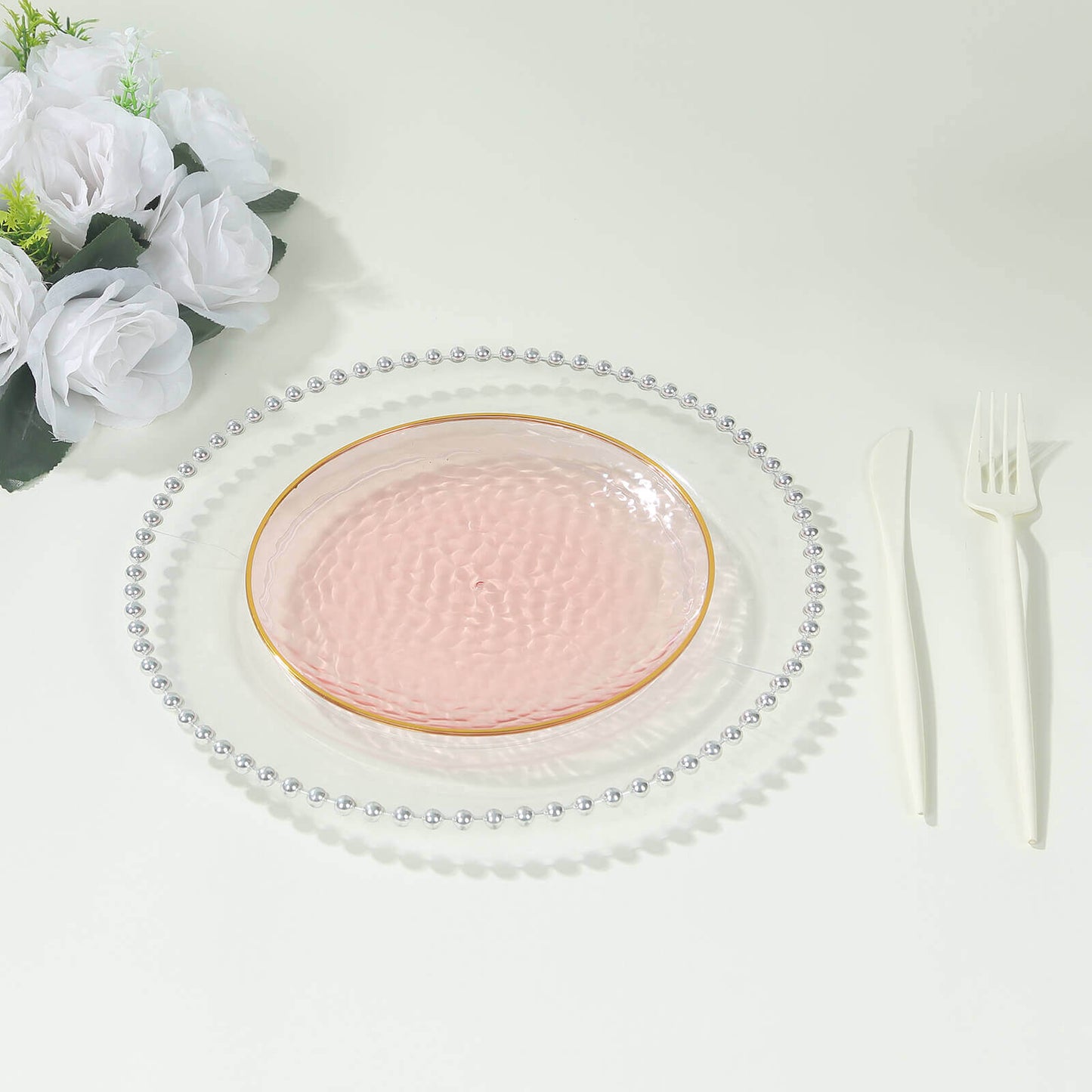 10-Pack Plastic 7" Round Dessert Appetizer Plates in Transparent Blush Hammered Design with Gold Rim - Modern Disposable Salad Plates