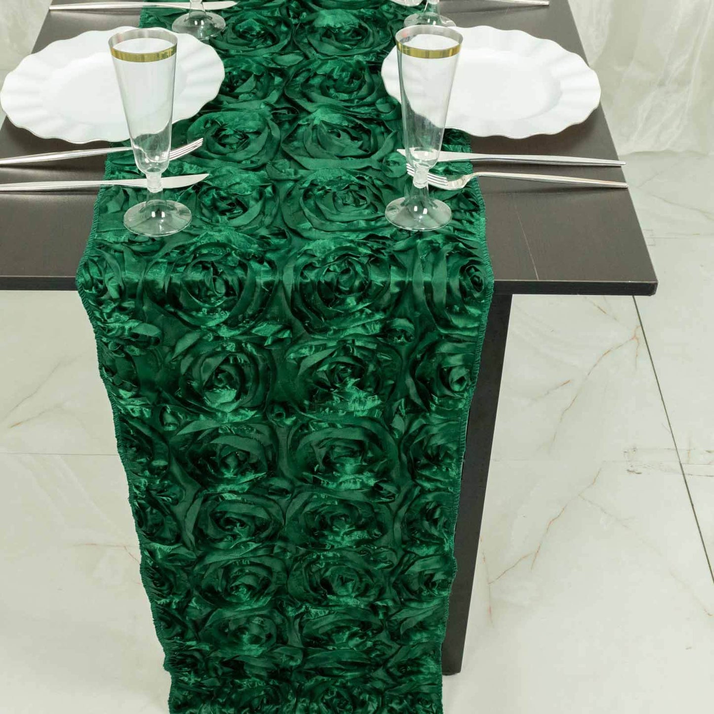 Rosette Satin 14"x108" Table Runner Hunter Emerald Green - Grandiose Design