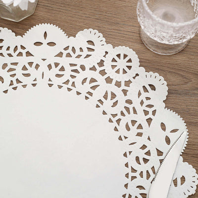 100 Pcs Paper 14" Round Placemats in White - Food Grade Lace Paper Doilies for Dessert Display & Table Decor