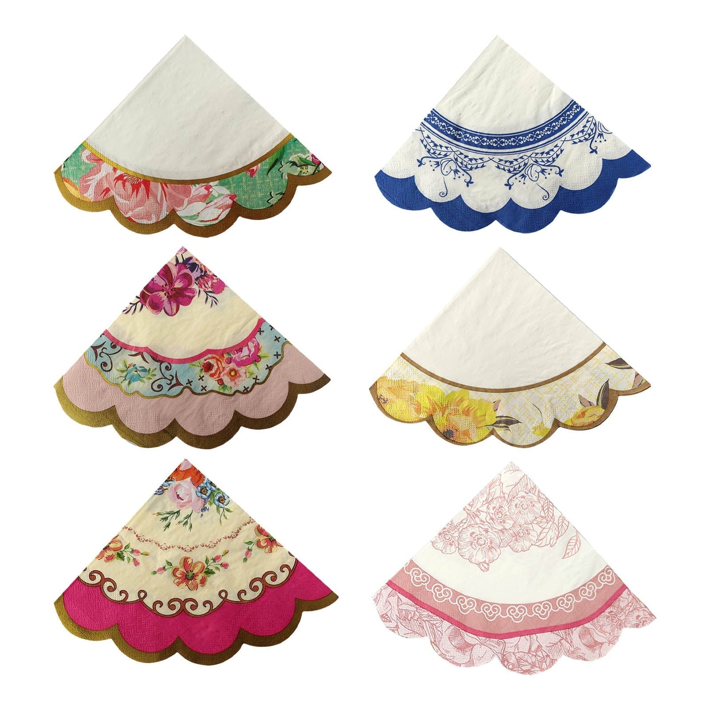 48-Pack Round Paper Cocktail Napkins with Vintage Floral Mixed Design and Scalloped Edges - Soft 2 Ply Disposable Napkins 6.25"x6.25"