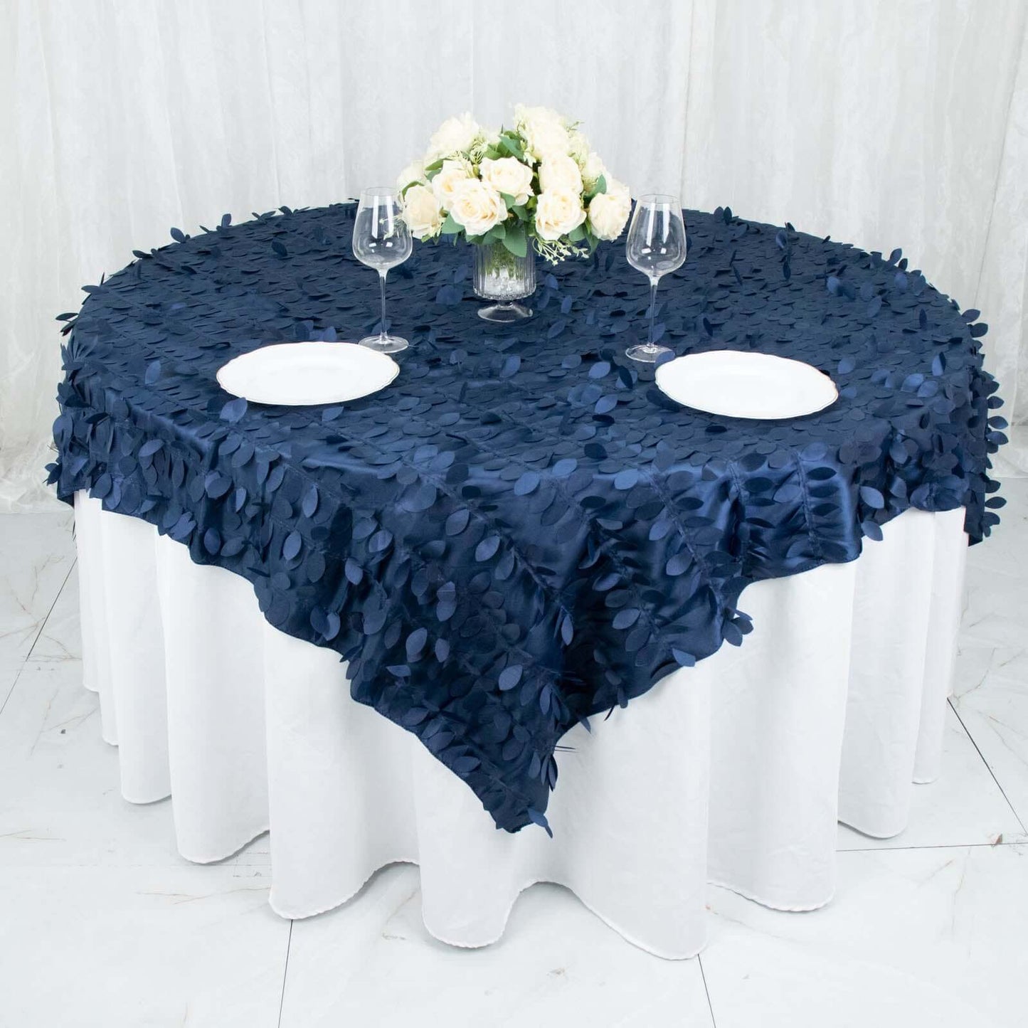 Taffeta 72"x72" Table Overlay Square Tablecloth Navy Blue - 3D Leaf Petal Table Cover
