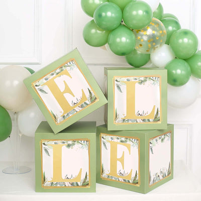 4 Pack Green Foliage Leaves Boho Design DIY Prop Balloon Boxes, Gender Neutral Baby Shower Party Decorations
