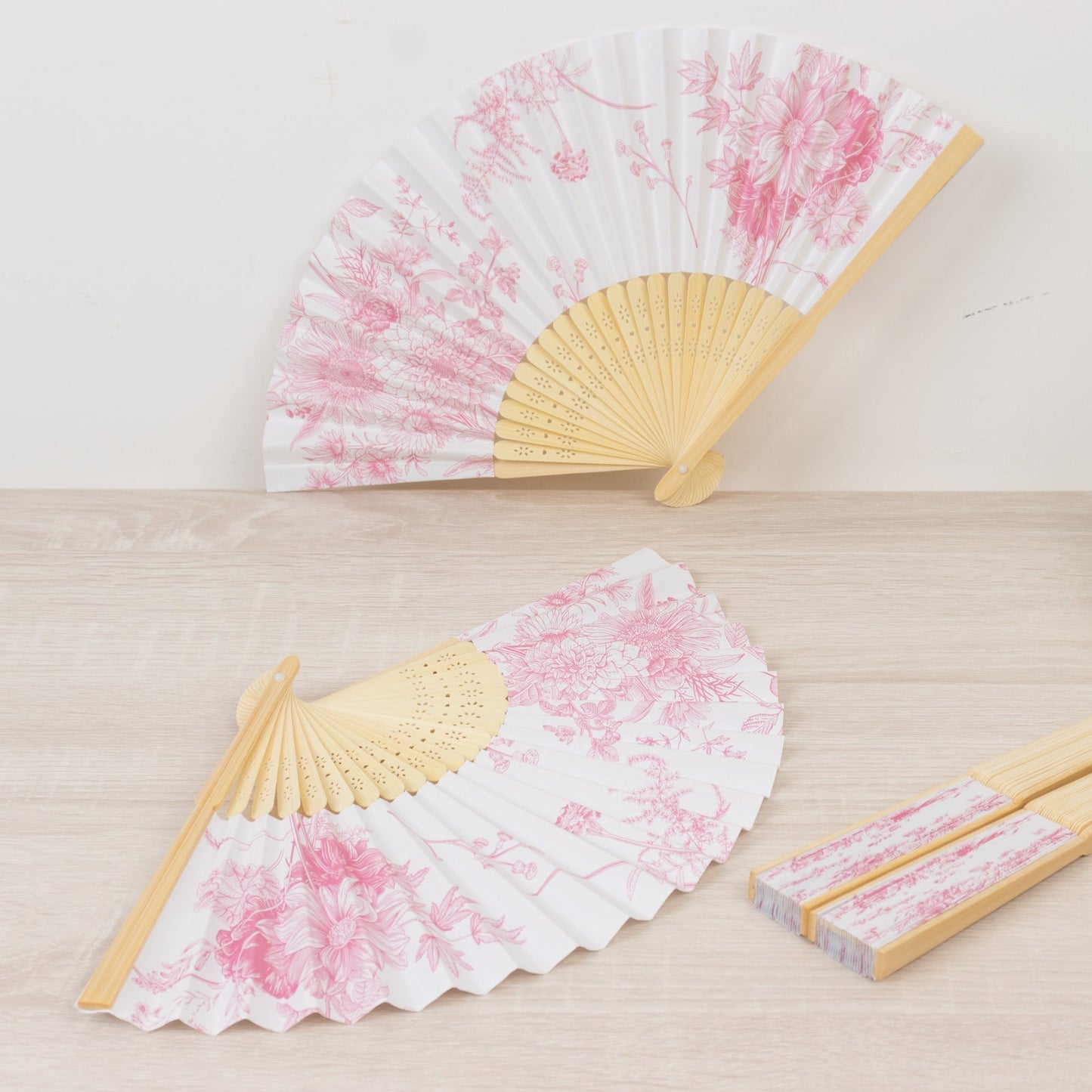 5-Pack Paper Folding Fans Party Favors in White & Pink French Toile Pattern, Handheld Fans with Bamboo Frame
