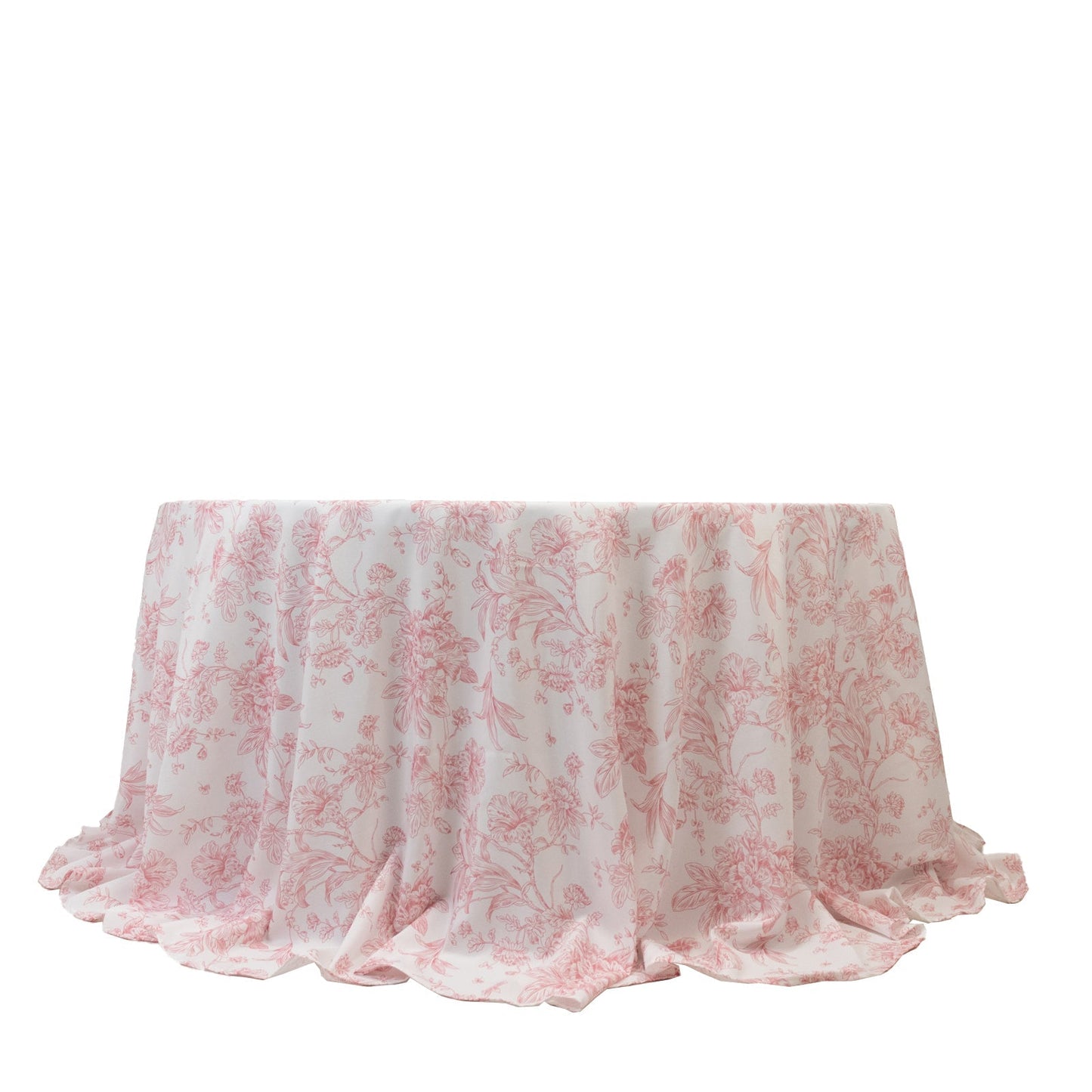 Polyester 132" Round Tablecloth White - Pink French Toile Pattern for Chic Weddings