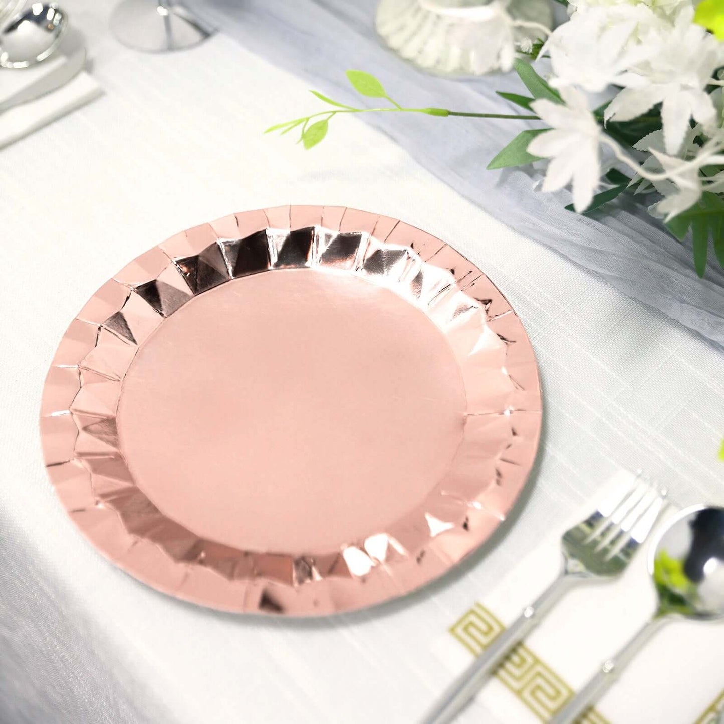 25-Pack Paper 9" Round Dinner Plates in Metallic Rose Gold with Geometric Prism Rim - Disposable 400GSM Party Plates