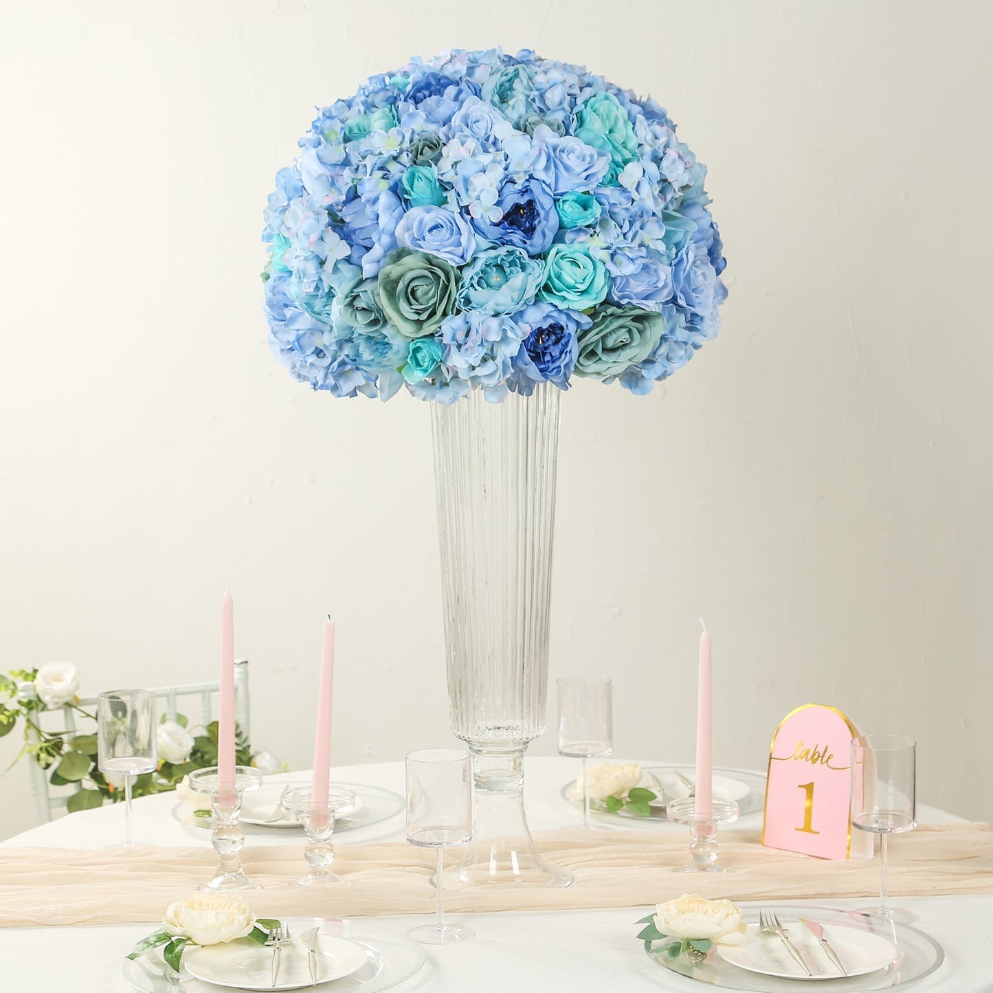 Pre-Arranged Silk Rose Wedding Centerpiece, Blue Artificial Rose Flower Balls Arrangement Table Decor - 20"