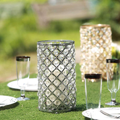 2-Pack Metal Crystal Beaded Pillar Holders Metallic Silver - Versatile Stem Vase Set for Decor 9"