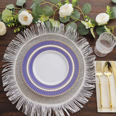 10-Pack Plastic Round Dessert Plates 7" White with Navy Blue Gold Spiral Rim - Disposable Salad Plates