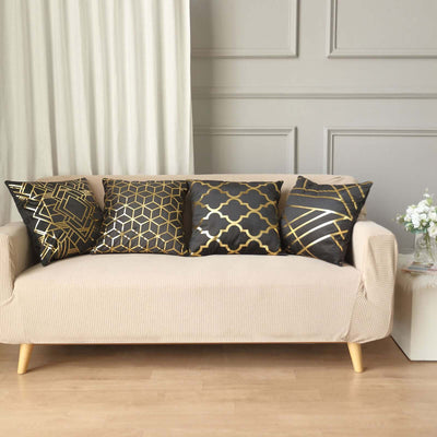 Set Of 4 18" Black Gold Foil Geometric Print Throw Pillow Covers, Velvet Square Sofa Cushion Covers