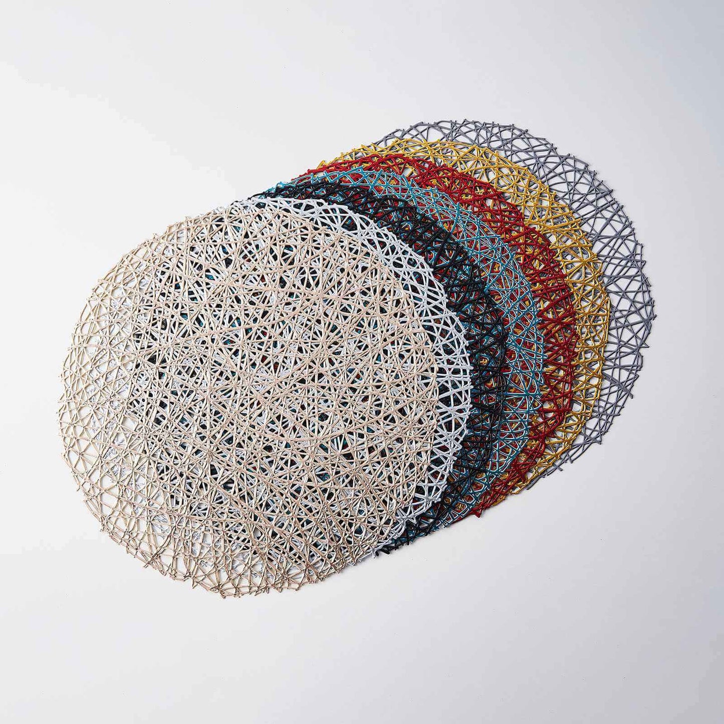 6-Pack Vinyl Placemats Champagne Woven Design - Durable Non-Slip Round Table Mats for Dining 15"