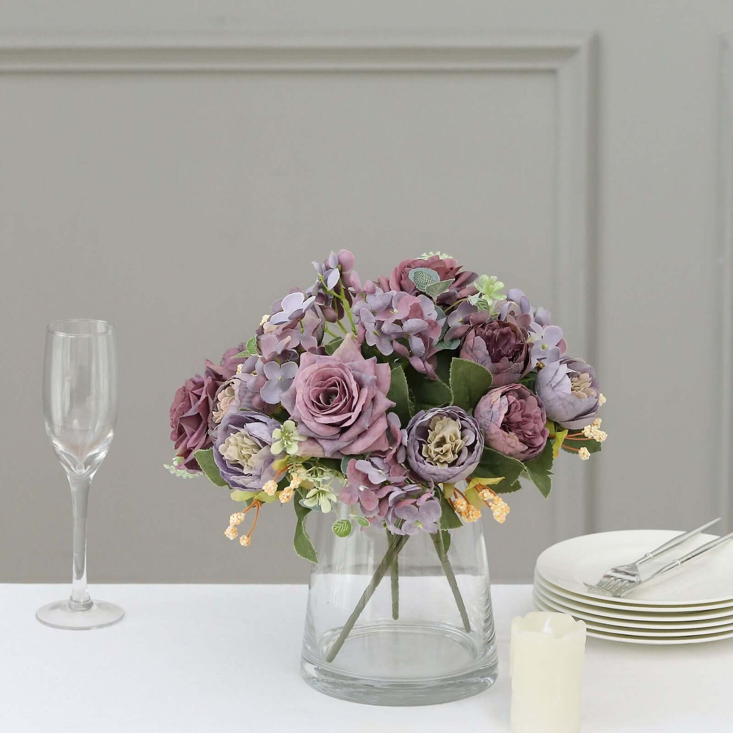 2 Pack Artificial Rose & Peony Floral Arrangements – 12" Purple Silk Bouquets for Weddings & Home Décor