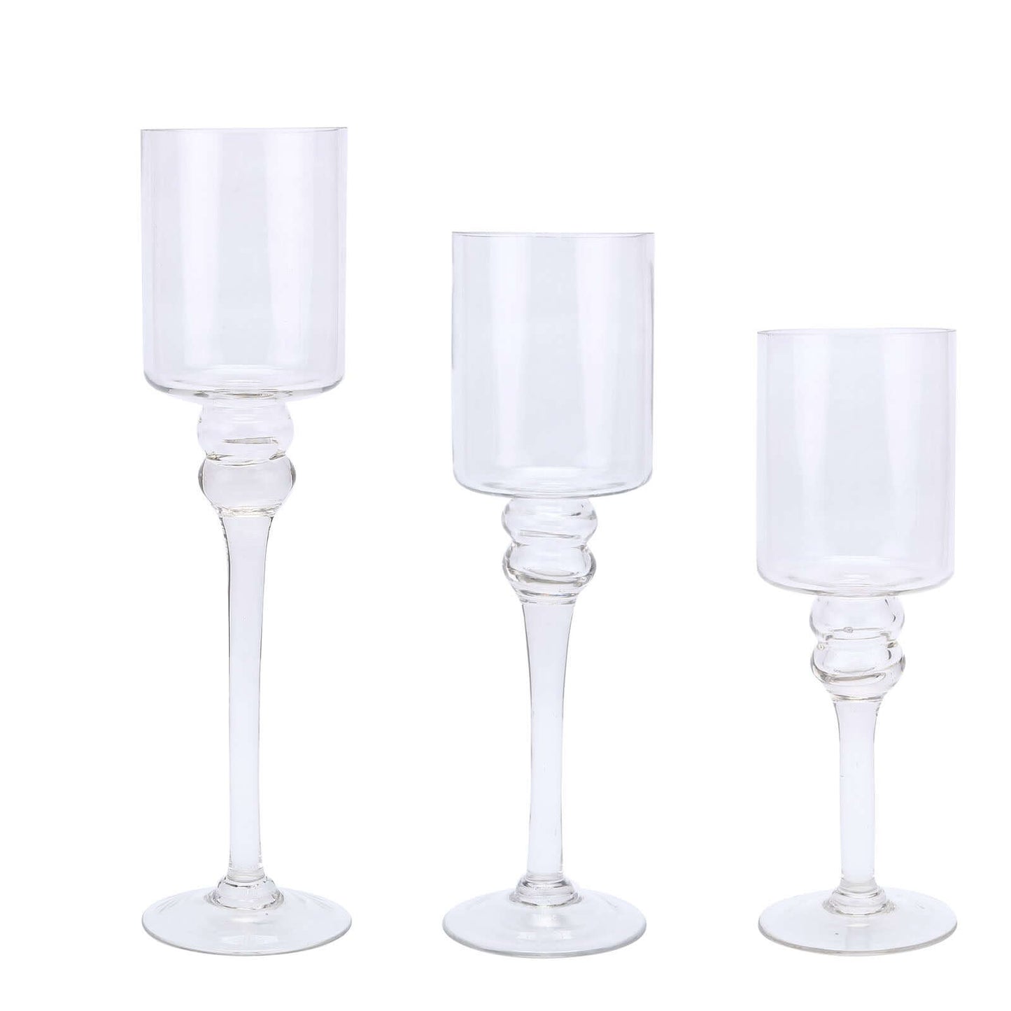 Set of 3 Glass Cylinder Vases Long Stem Clear - Decorative Candle Holder Floral Centerpieces 12", 14", 16"