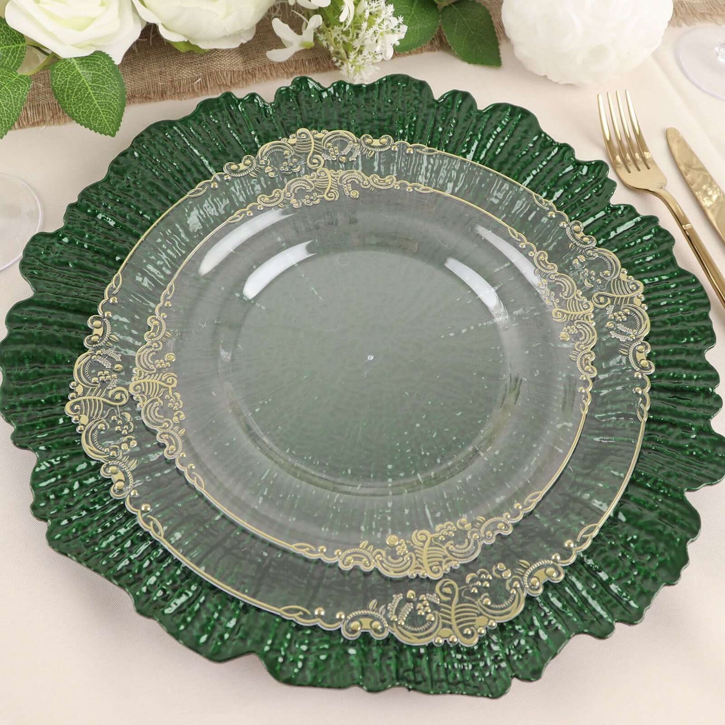 6-Pack Acrylic Plastic Round Charger Plates 13" in Hunter Emerald Green with Reef Design, Dinner Charger Tableware