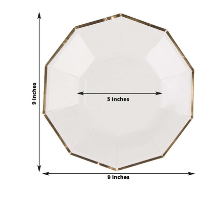 25-Pack Paper 9" Decagon Dinner Plates in White with Gold Foil Rim - Disposable Geometric Party Plates for Modern Weddings & Events