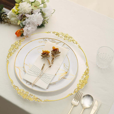 Set of 20 Plastic Round Dinner and Dessert Plates in White with Metallic Gold Floral Design - Stylish Disposable Dinnerware for Banquets & Special Occasions 8", 10"