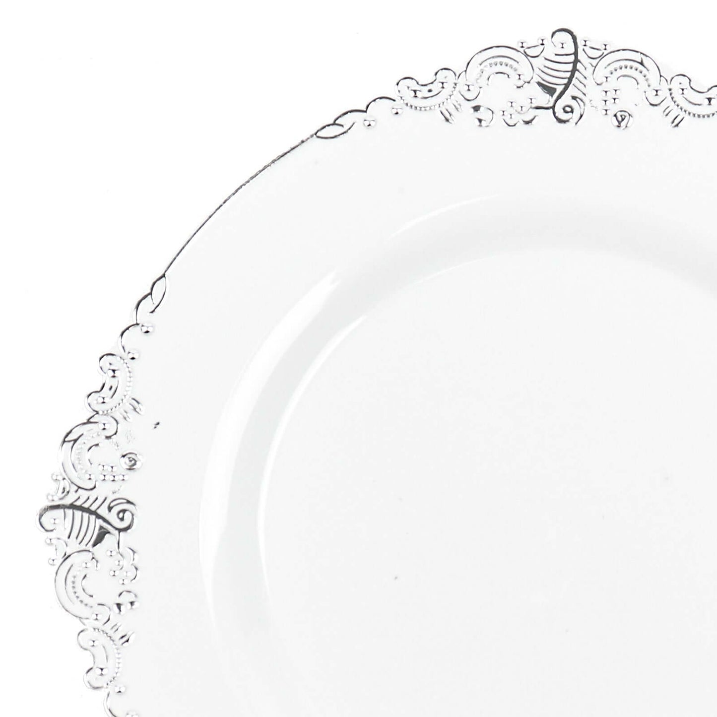 10-Pack Plastic 10" Round Dinner Plates in White with Silver Leaf Embossed Rim - Disposable Vintage Baroque Style Plates
