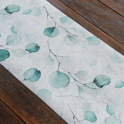 Disposable Table Runner 11’’x108’’ White with Green Eucalyptus Leaves Print - Non-woven Stylish Spring Summer Dining