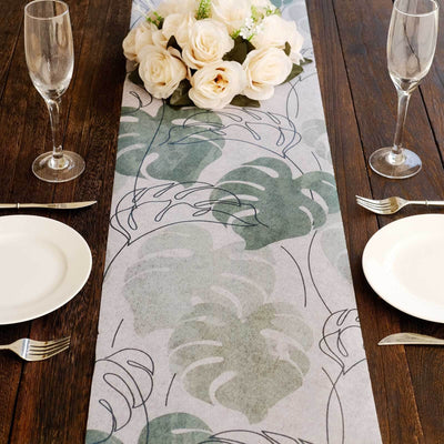 Disposable Table Runner 11’’x108’’ White with Green Monstera Palm Leaves Print - Non-woven Stylish Spring Summer Dining