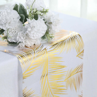 Disposable Table Runner Roll 108’’ Metallic Gold Foil Palm Leaves Print - Chic Non-Woven Tropical Table Decor