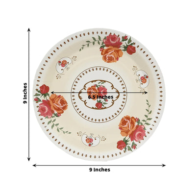 25-Pack Paper 9" Round Dinner Plates in Ivory with Vintage Rose Flower Print - Disposable Plates for High Tea Gatherings & Romantic Celebrations