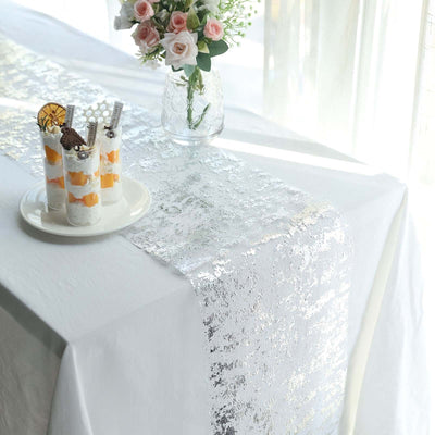 Mesh Polyester 108" Table Runner Roll Metallic Silver - Distressed Foil Look Disposable Table Decor