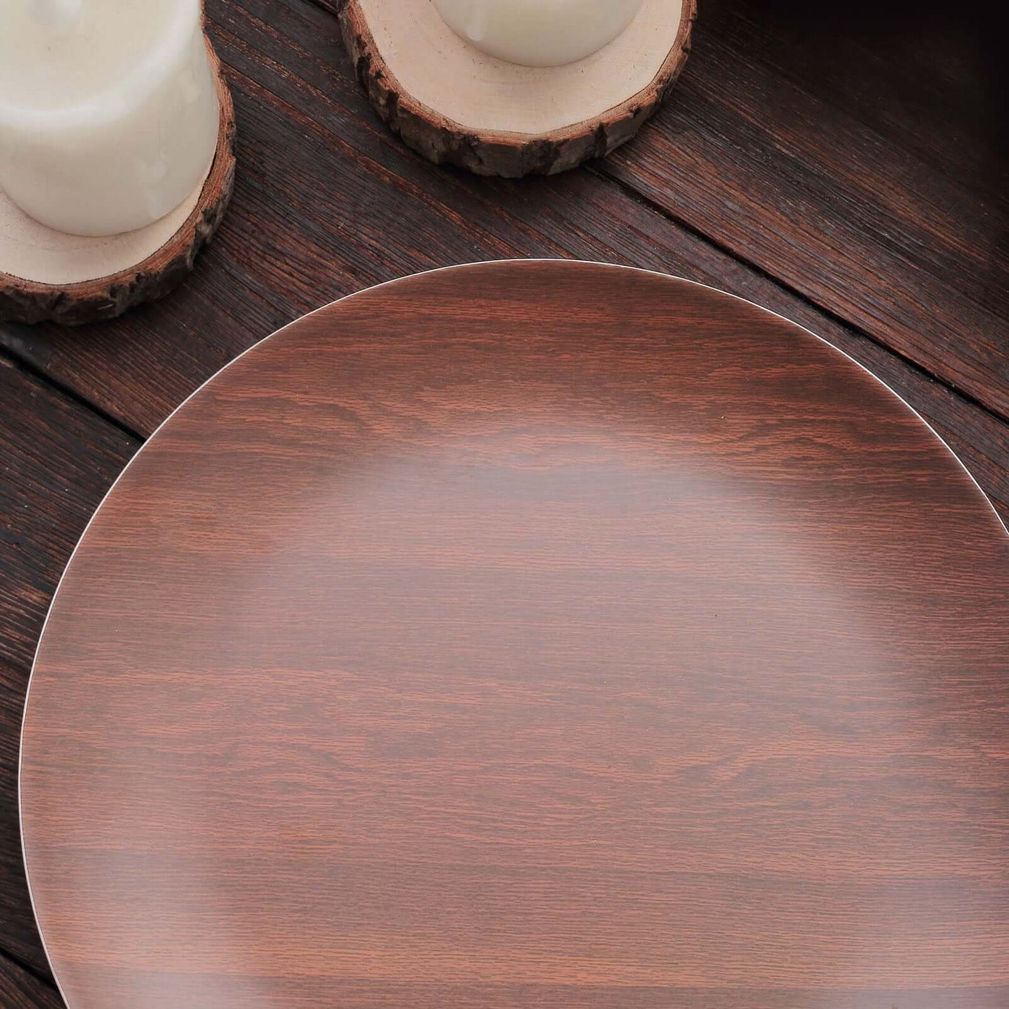 Pack of 6 Melamine 8" Round Dessert Plates in Brown Wood Grain Print - Disposable Shatterproof Appetizer Salad Plates for Rustic Farmhouse-Inspired Table Decor