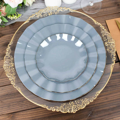10-Pack Plastic Round 6" Dessert Plates in Dusty Blue Ruffled Rim with Gold Edging - Sturdy Disposable Salad Appetizer Dinnerware