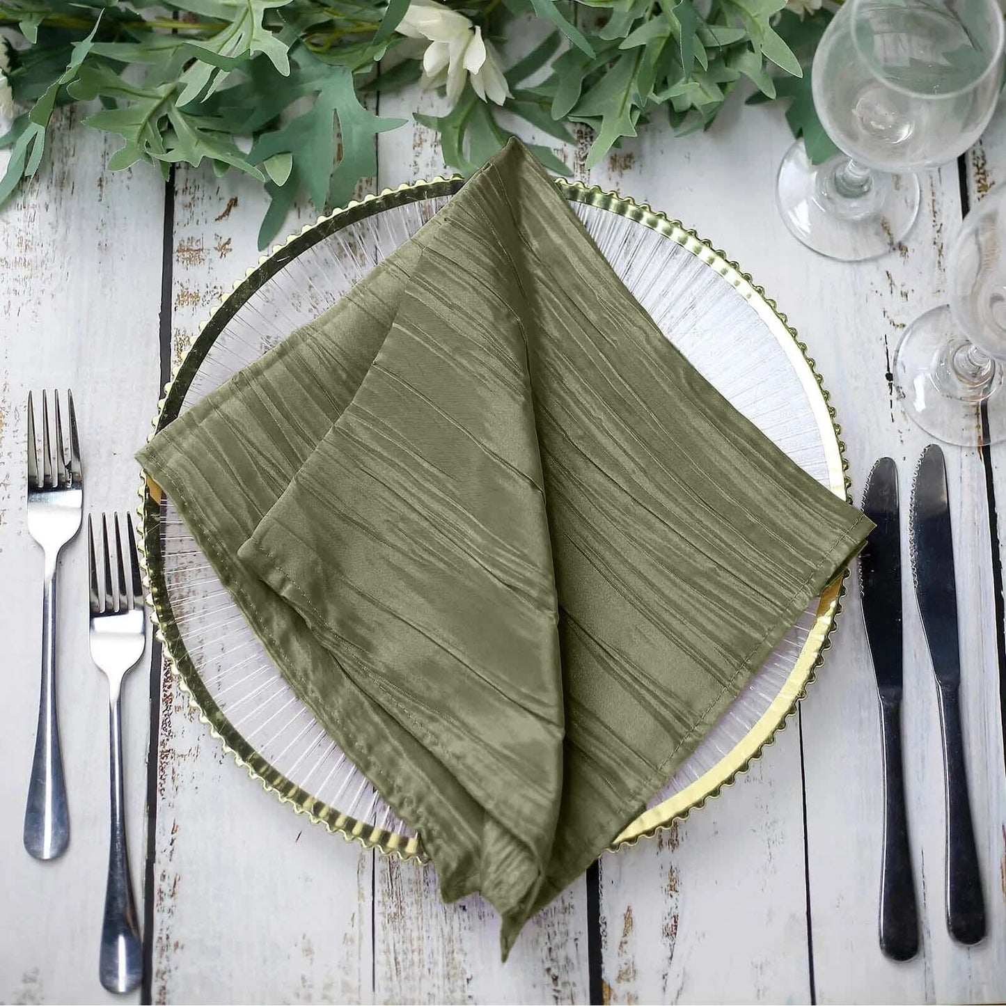 5 Pack Taffeta 20"x20" Napkins Dusty Sage Green - Accordion Crinkle Dinner Napkins