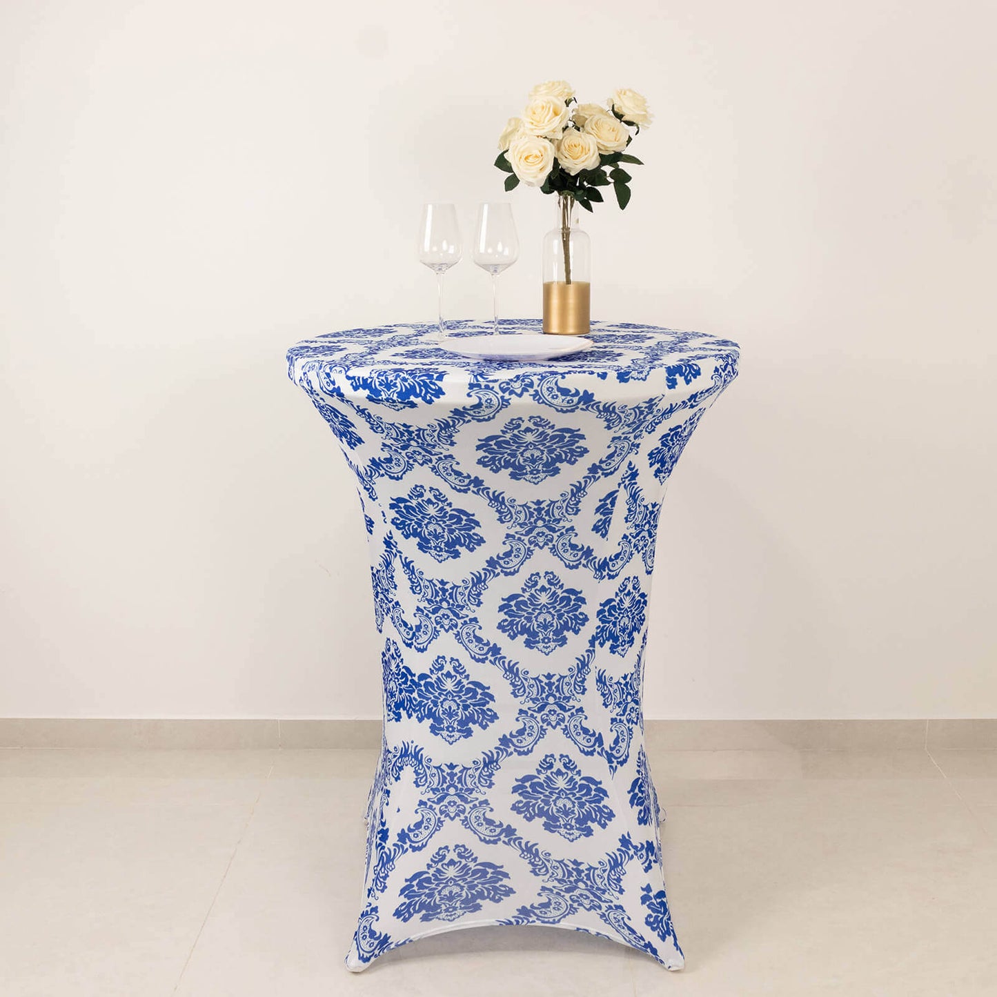 Spandex 30" Round Cocktail Table Cover Royal Blue Damask Highboy Tables - Easy to Maintain Stretch Fitted Tablecloth