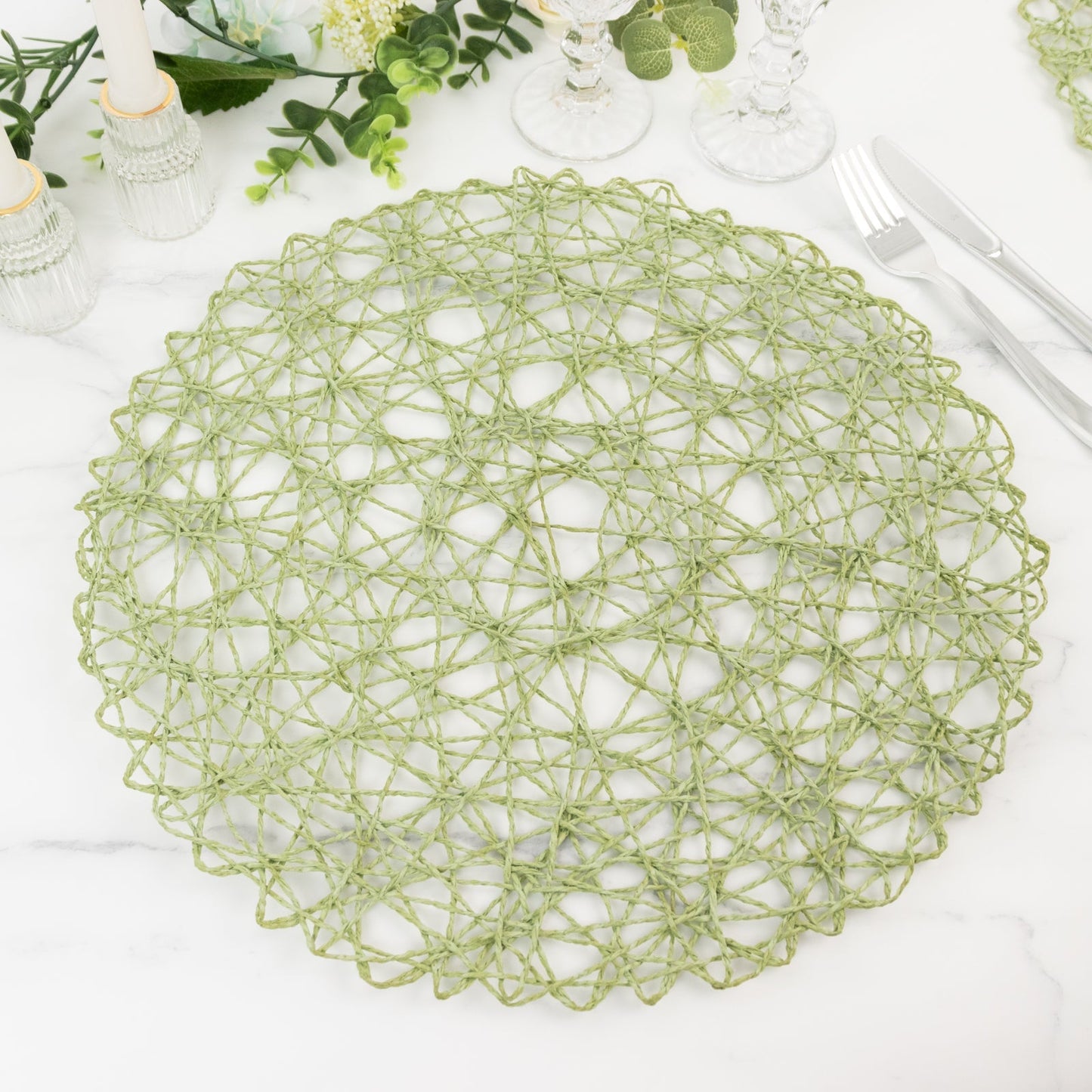 6-Pack Table Placemats Woven Fiber Design Sage Green Round - Disposable Mats for Dining and Events 15"