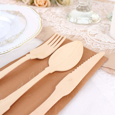 24-Pack Birchwood Utensils Set in Natural Vintage Baroque Design - Eco Friendly Biodegradable Wooden Forks, Spoons & Knives for Rustic Themes & Outdoor Parties