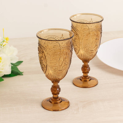 24-Pack Plastic Wine Glasses 10oz – Amber Gold Vintage Goblets with Retro Embossed Design, Elegant Drinkware - 7" Tall