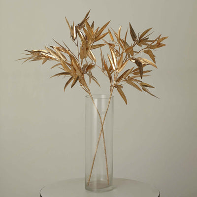 2-Pack Artificial Metallic Bamboo Leaf Branches Gold - Shiny Faux Plant Stems Vase Filler Floral Arrangement Centerpiece Decor 33"