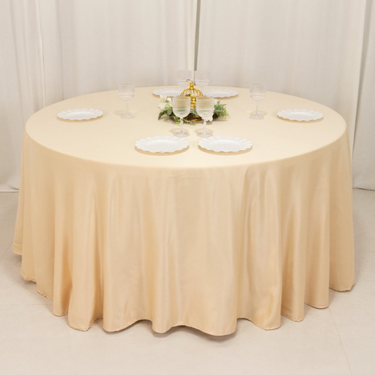 Lamour Satin 120" Round Tablecloth Beige - Seamless Table Cover with Soft Tempered Sheen