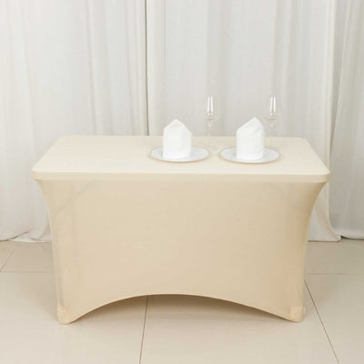 Stretch Spandex 48"x30" Rectangle Tablecloth Beige - Durable Form-Fitting Table Cover
