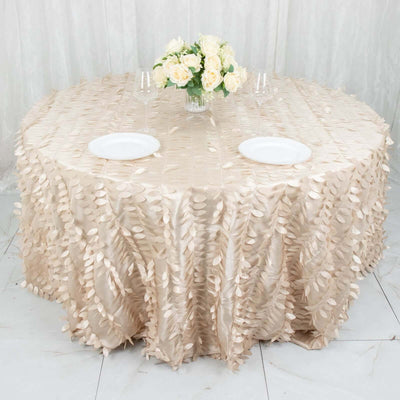 Taffeta 132" Round Tablecloth Beige | 3D Leaf Petal Design Seamless Table Cover