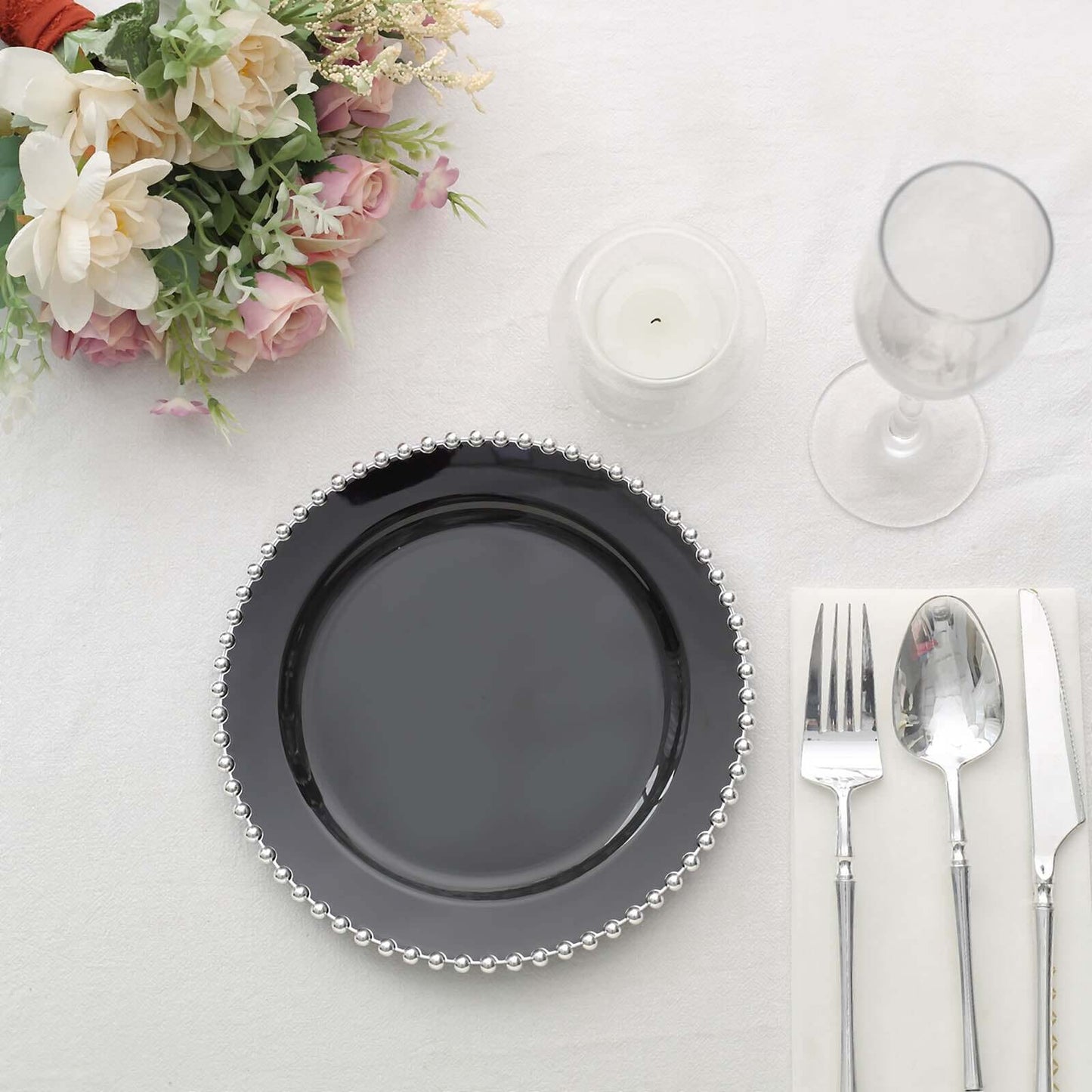 10-Pack Black Plastic Dessert Plates – 8" Round with Silver Beaded Rim, Disposable for Parties & Events