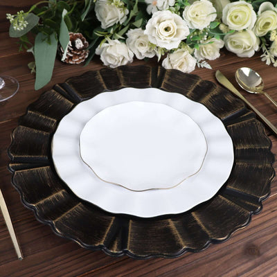 6-Pack Acrylic Plastic Round Charger Plates 13" in Matte Black with Gold Brushed Wavy Scalloped Rim, Decorative Dinner Party Charger Tableware