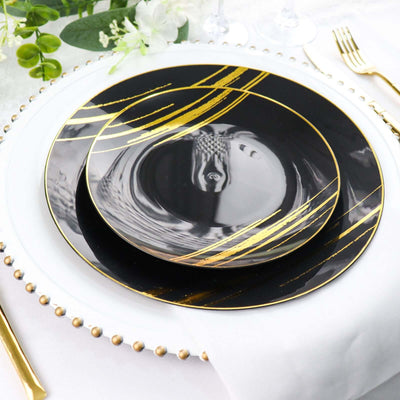 10-Pack Plastic 7" Round Dessert Plates in Black with Gold Brush Stroked Print - Disposable Appetizer Salad Plates for Modern Themed Events & Banquets
