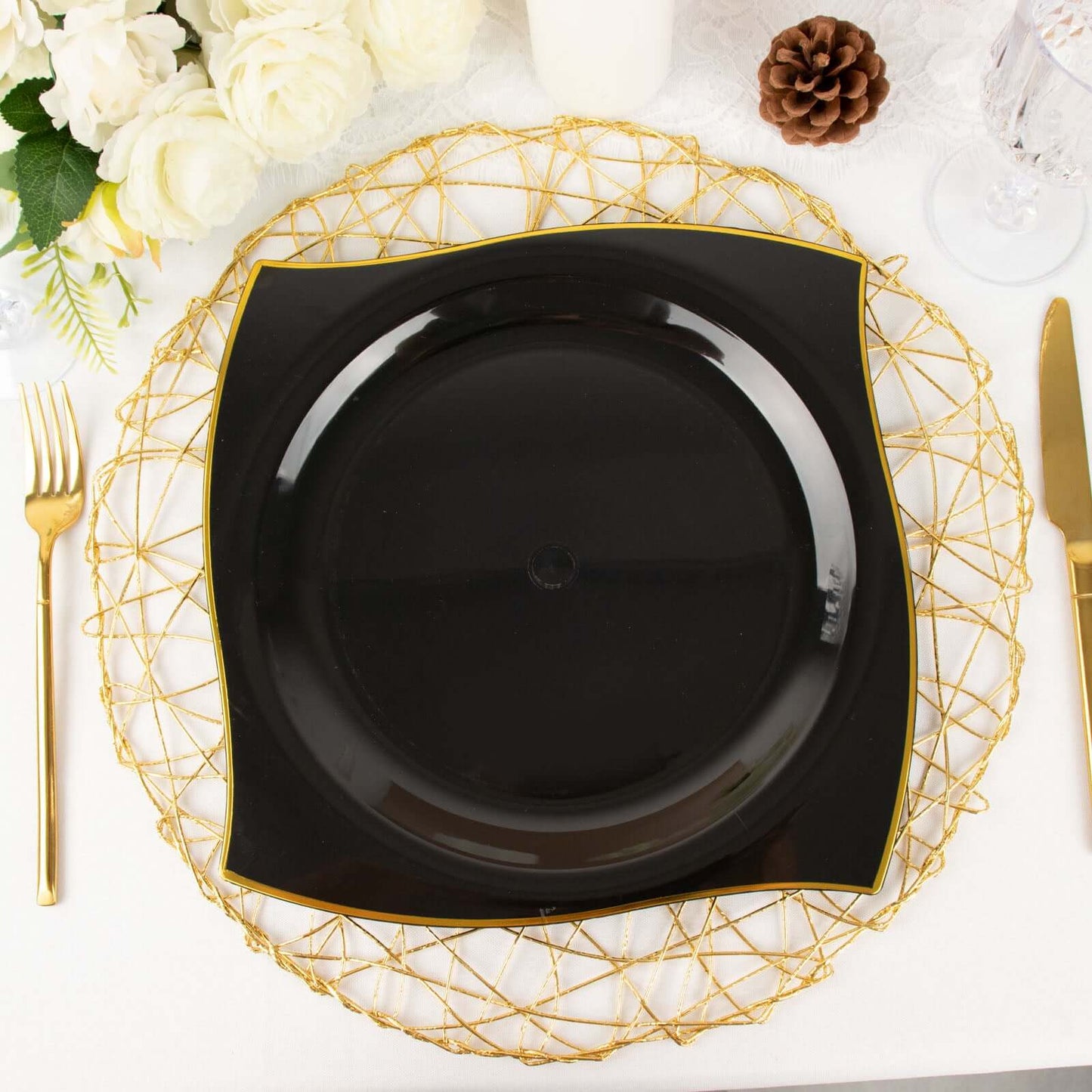 10-Pack Plastic 10" Square Dinner Plates in Black with Gold Wavy Rim Modern - Disposable Party Plates