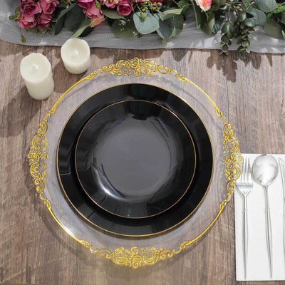 10-Pack Plastic 10" Round Dinner Plates in Black with Gold Rim - Glossy Disposable Party Plates