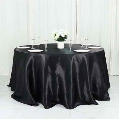 Satin 132" Round Tablecloth Black - Stylish Seamless Table Cover for Weddings & Events