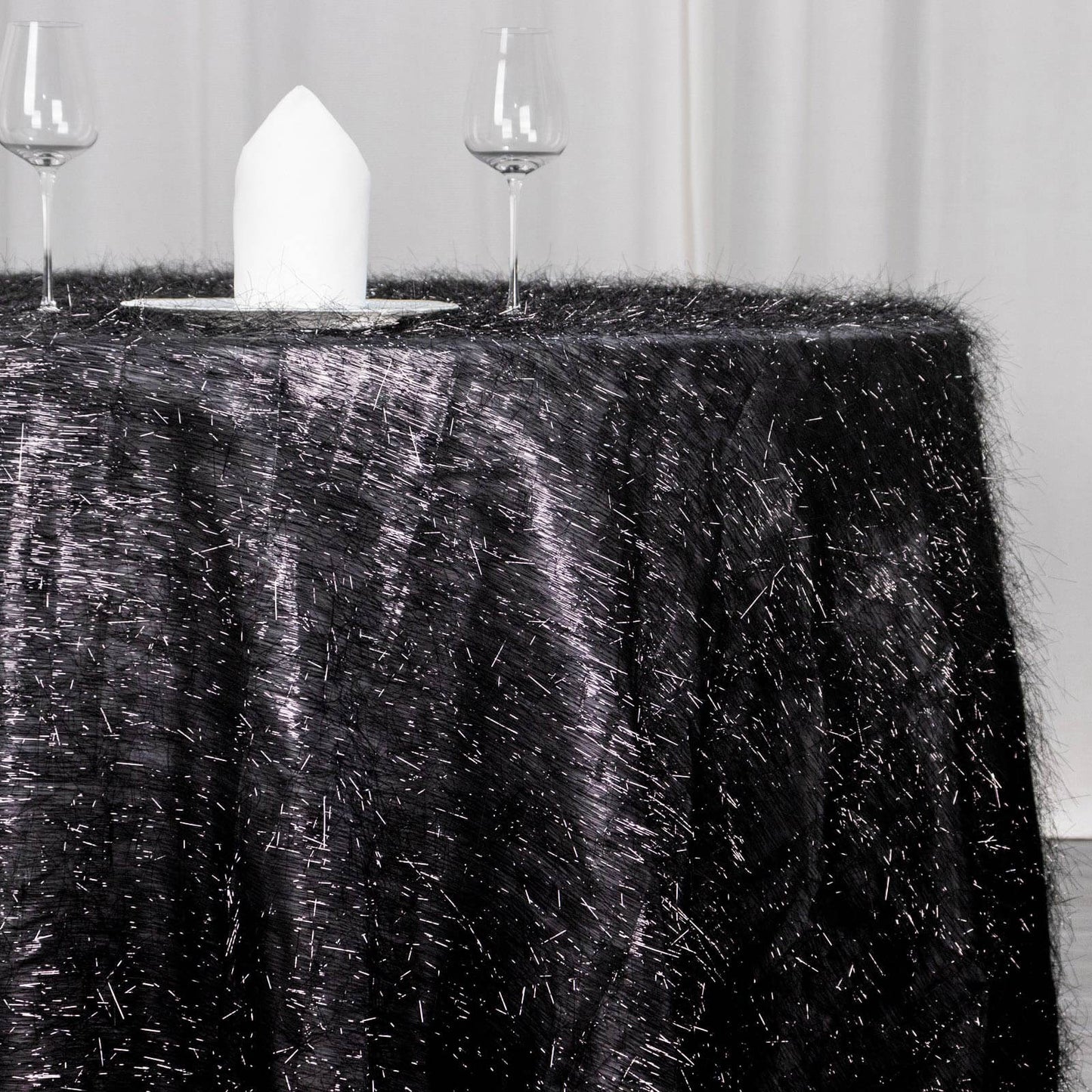 Polyester 120" Round Black Tablecloth Metallic Fringe Shag Tinsel Table Cover