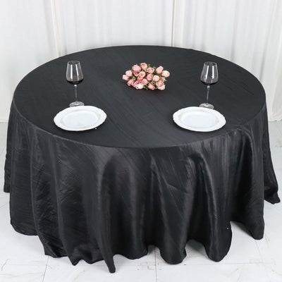 Taffeta 132" Round Tablecloth Black - Seamless Accordion Crinkle Design for Exquisite Occasions