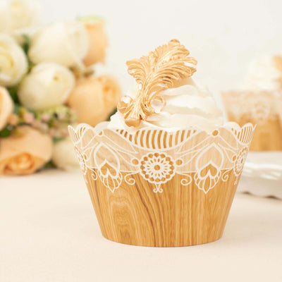 25-Pack Paper Cupcake Wrappers Wood Grain and Lace Print Design Natural - Boho Muffin Baking Cup Wraps