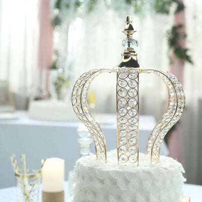 Crystal-Bead Royal Crown Cake Topper Metallic Gold - Dazzling Cake Centerpiece Decor for Luxurious Birthdays Receptions & Romantic Celebrations 14"