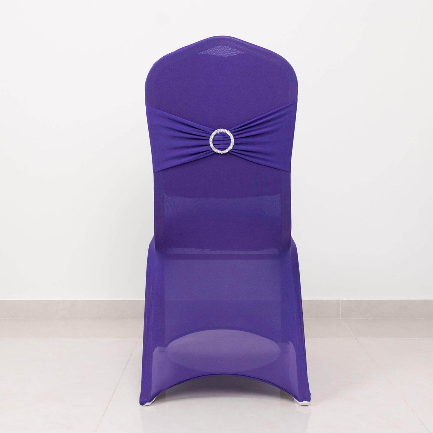 Spandex Chair Cover with Silver Rhinestone Buckled Sash Band Purple - Stretch Fitted Slipcover