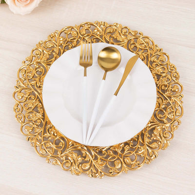 6-Pack Acrylic Round Charger Plates 13" in Gold with Vintage Floral Carved Rim, Event Tabletop Decorative Charger Tableware